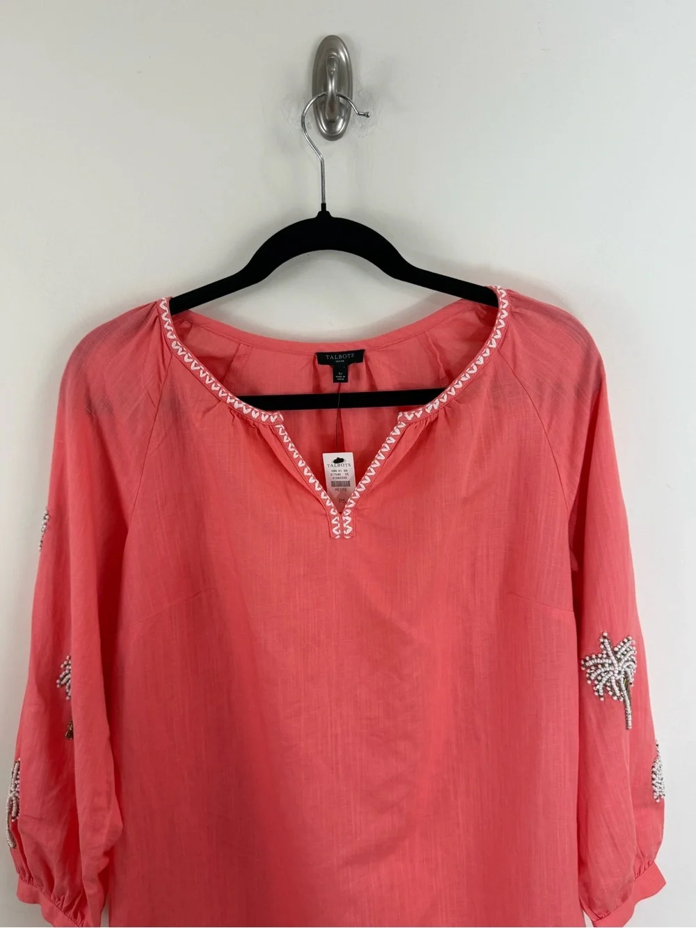Talbots Linen Blend Shift Dress Size S Petite Palm Tree Embellished Coral NWT - Picture 4 of 14